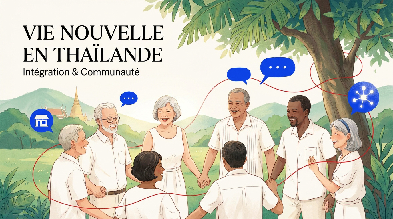 Retraités francophones échangeant dans un jardin tropical en Thaïlande