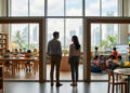 Parents observant des enfants dans une salle de classe moderne à Bangkok avec une vue sur les gratte-ciels.