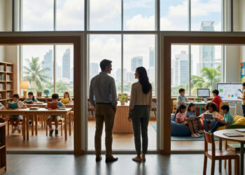 Parents observant des enfants dans une salle de classe moderne à Bangkok avec une vue sur les gratte-ciels.