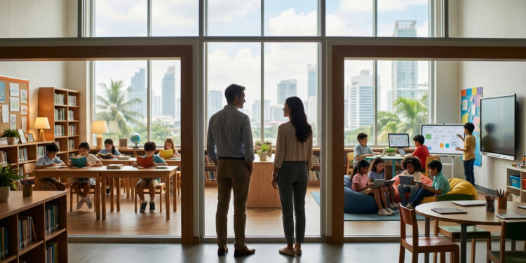 Parents observant des enfants dans une salle de classe moderne à Bangkok avec une vue sur les gratte-ciels.