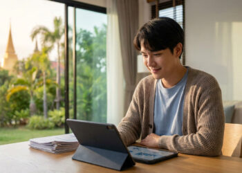 Jeune homme souriant travaillant sur une tablette dans un intérieur lumineux avec vue sur un temple thaïlandais.