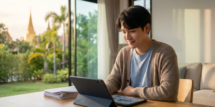 Jeune homme souriant travaillant sur une tablette dans un intérieur lumineux avec vue sur un temple thaïlandais.