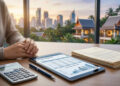 Personne travaillant sur une tablette avec des documents financiers devant une vue sur des villas et une ville thaïlandaise.