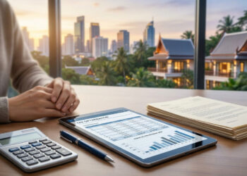 Personne travaillant sur une tablette avec des documents financiers devant une vue sur des villas et une ville thaïlandaise.