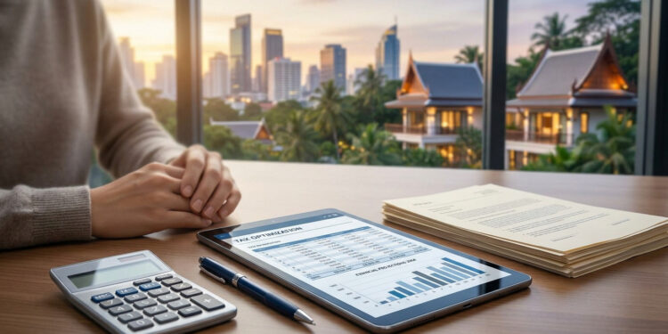 Personne travaillant sur une tablette avec des documents financiers devant une vue sur des villas et une ville thaïlandaise.
