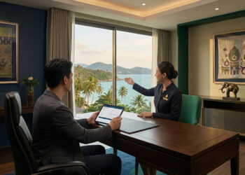 Un homme en costume utilisant une tablette devant une employée dans un bureau de luxe avec vue sur la mer en Thaïlande.