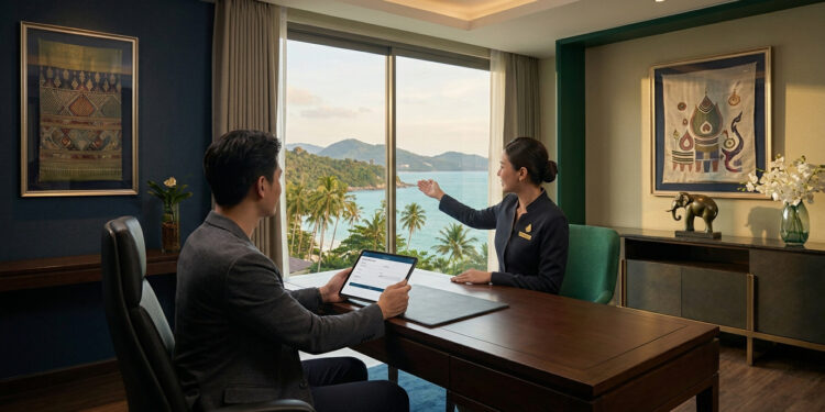 Un homme en costume utilisant une tablette devant une employée dans un bureau de luxe avec vue sur la mer en Thaïlande.