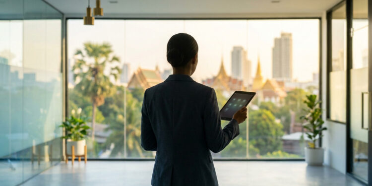 Une femme d'affaires regarde par la fenêtre d'un bureau moderne avec vue sur Bangkok et tient une tablette numérique.
