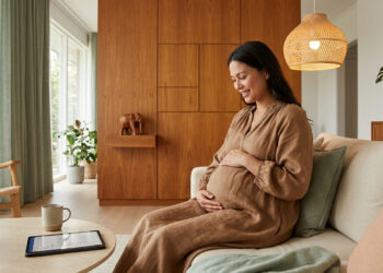 Une femme enceinte souriante assise sur un canapé, consultant une tablette pour préparer son accouchement.