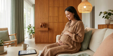 Une femme enceinte souriante assise sur un canapé, consultant une tablette pour préparer son accouchement.