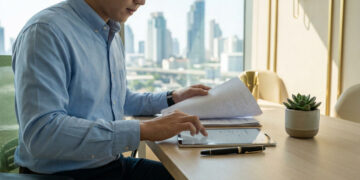 Homme d'affaires travaillant sur des documents fiscaux devant une vue urbaine de Bangkok.