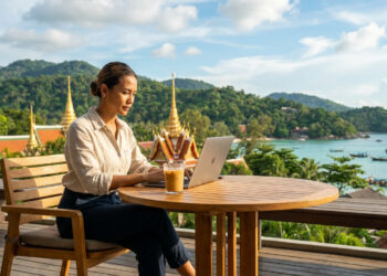 Femme travaillant sur son ordinateur portable sur une terrasse surplombant une baie thaïlandaise avec des temples.