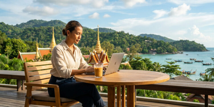 Femme travaillant sur son ordinateur portable sur une terrasse surplombant une baie thaïlandaise avec des temples.