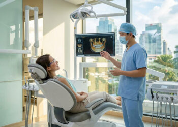 Un dentiste en tenue bleue explique une radio 3D à une patiente dans un cabinet moderne à Bangkok avec vue sur la ville.