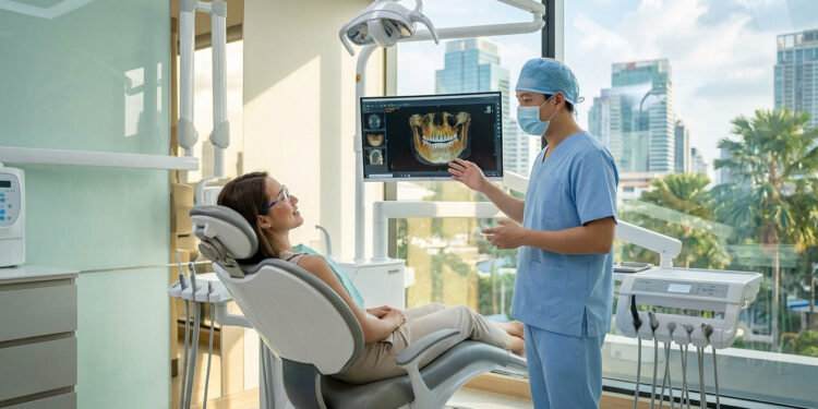 Un dentiste en tenue bleue explique une radio 3D à une patiente dans un cabinet moderne à Bangkok avec vue sur la ville.