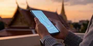 Mains tenant un smartphone avec des graphiques lumineux sur l'écran, avec un temple thaïlandais en arrière-plan au coucher.