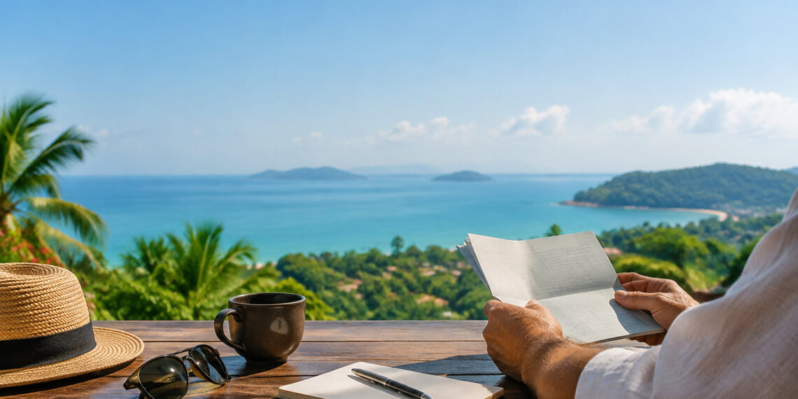 Personne consultant un livret bancaire sur une terrasse en Thaïlande avec vue sur la mer et des palmiers.