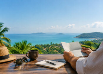 Personne consultant un livret bancaire sur une terrasse en Thaïlande avec vue sur la mer et des palmiers.