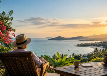Un retraité assis dans une chaise en bois face à une baie tropicale sous un coucher de soleil doré.