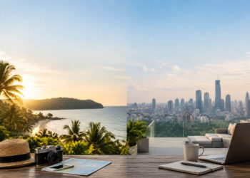Image divisée montrant une plage tropicale au coucher du soleil à gauche et une ville moderne avec un ordinateur à droite.