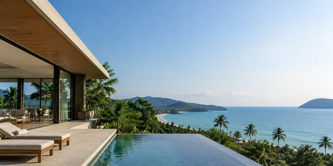 Une villa moderne avec piscine à débordement donnant sur une plage tropicale et l'océan en Thaïlande.