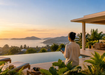 Une femme consulte une tablette numérique sur la terrasse d'une villa avec piscine surplombant une baie au coucher du soleil.