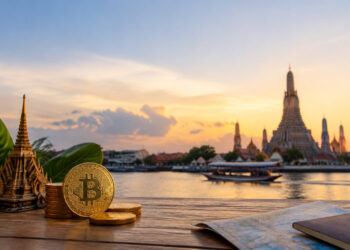 Pièces de Bitcoin sur une table avec le temple Wat Arun en arrière-plan à Bangkok.