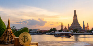 Pièces de Bitcoin sur une table avec le temple Wat Arun en arrière-plan à Bangkok.