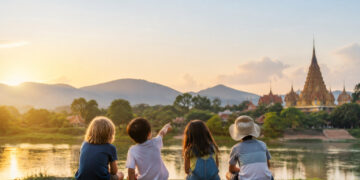 Quatre enfants assis côte à côte regardant un temple thaï au coucher du soleil.