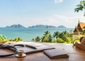 Stéthoscope, stylo et passeport posés sur une table en bois face à un paysage tropical avec vue sur la mer.
