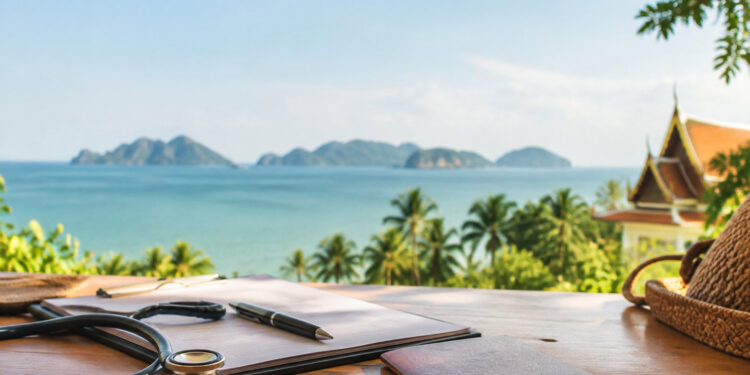 Stéthoscope, stylo et passeport posés sur une table en bois face à un paysage tropical avec vue sur la mer.
