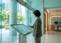 Une femme utilisant une borne interactive pour un bilan de santé dans un hôpital moderne avec vue sur la ville.