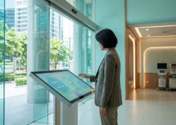 Une femme utilisant une borne interactive pour un bilan de santé dans un hôpital moderne avec vue sur la ville.