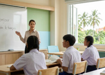 Une enseignante donne un cours de français devant ses élèves dans une salle de classe lumineuse en Thaïlande.