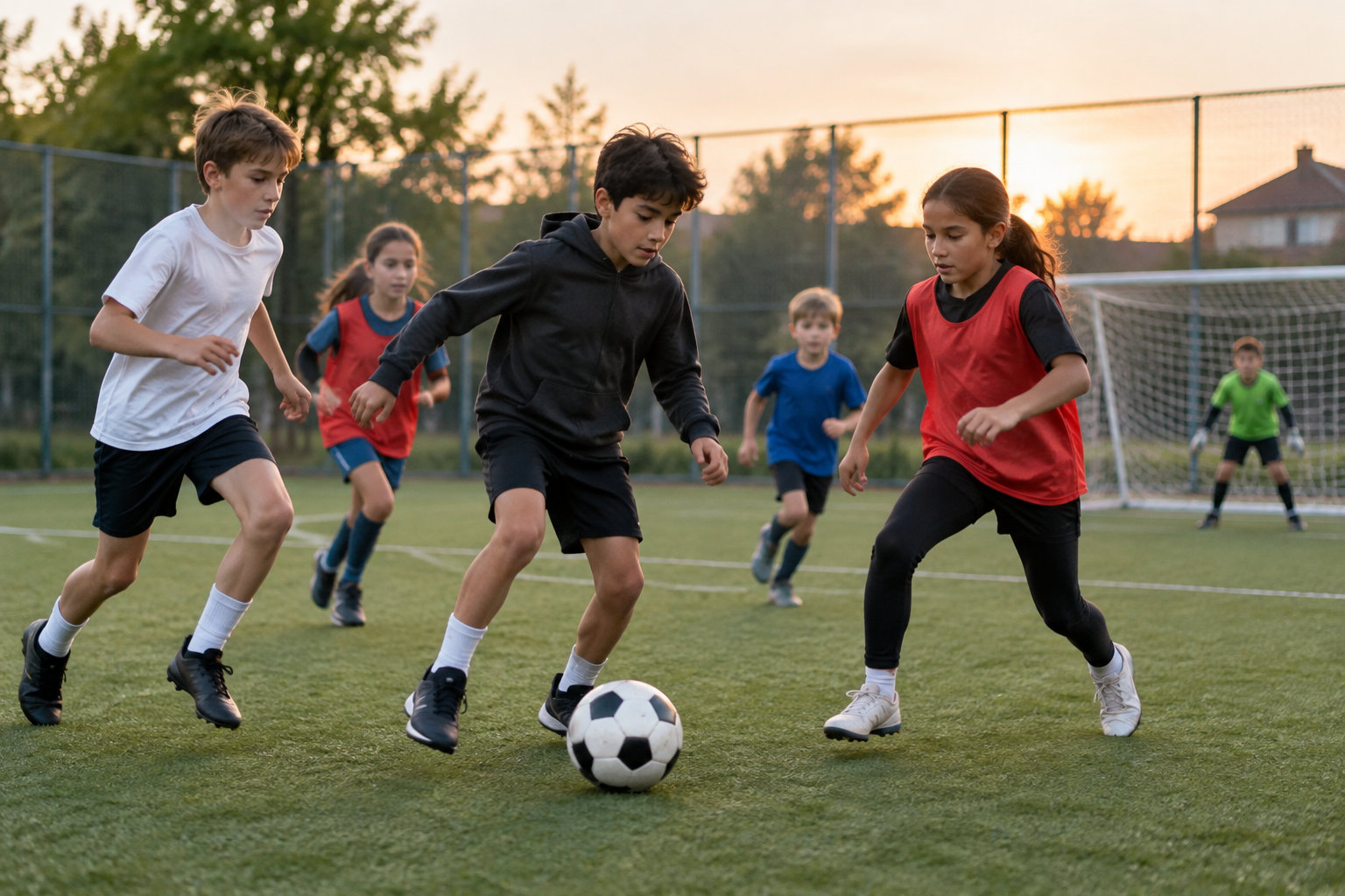 Des enfants jouent au football sur un terrain clôturé au coucher du soleil.