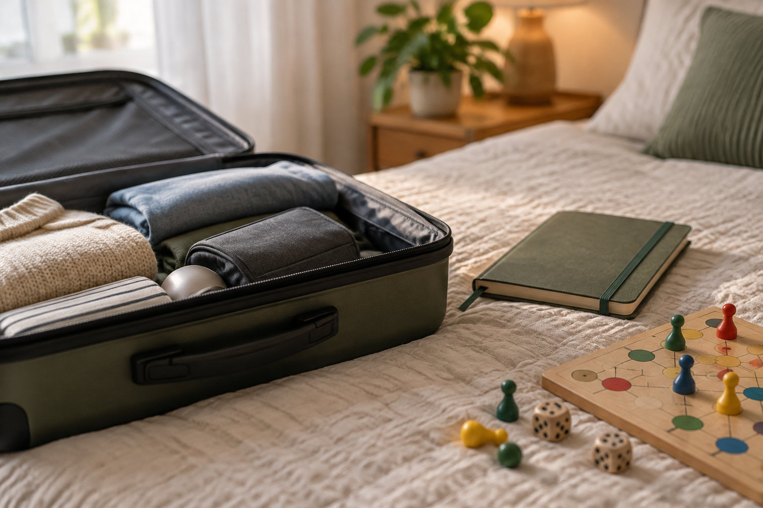 Une valise ouverte remplie de vêtements est posée sur un lit, à côté d’un carnet et d’un jeu de société en bois.
