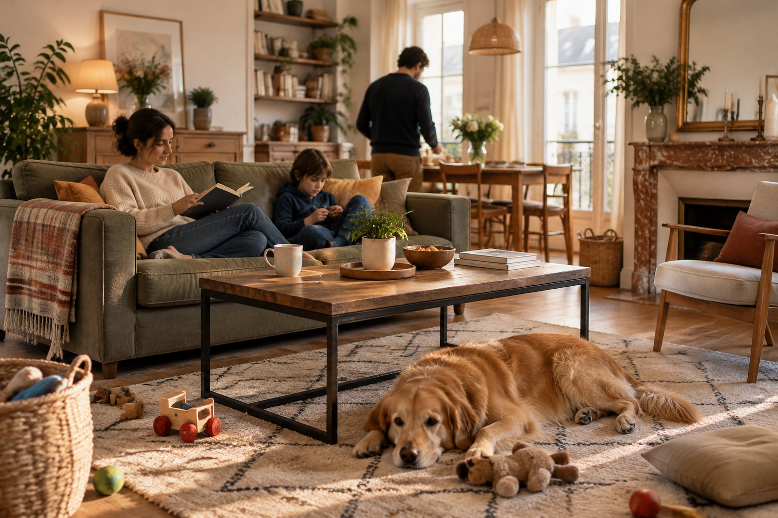 Une femme lit sur un canapé tandis qu’un enfant joue à côté d’elle, un homme se tient près de la table et un chien est allongé sur le tapis du salon.