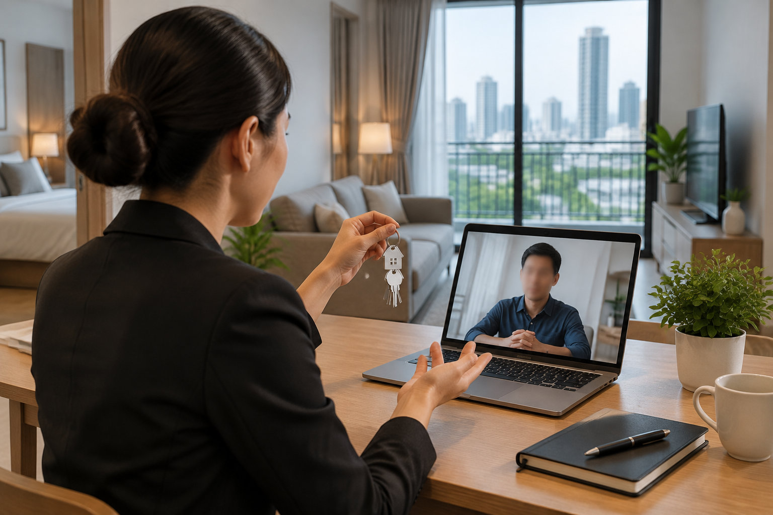 Une femme assise à un bureau montre un trousseau de clés à un homme en visioconférence sur un ordinateur portable, dans un appartement meublé.