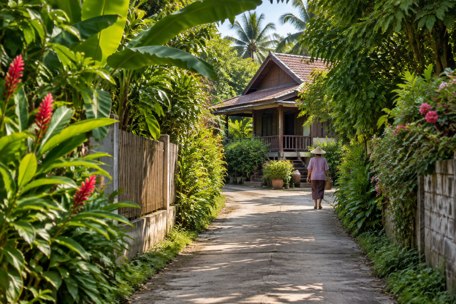 Une personne portant un chapeau conique avance sur un chemin bordé de végétation tropicale vers une maison en bois.