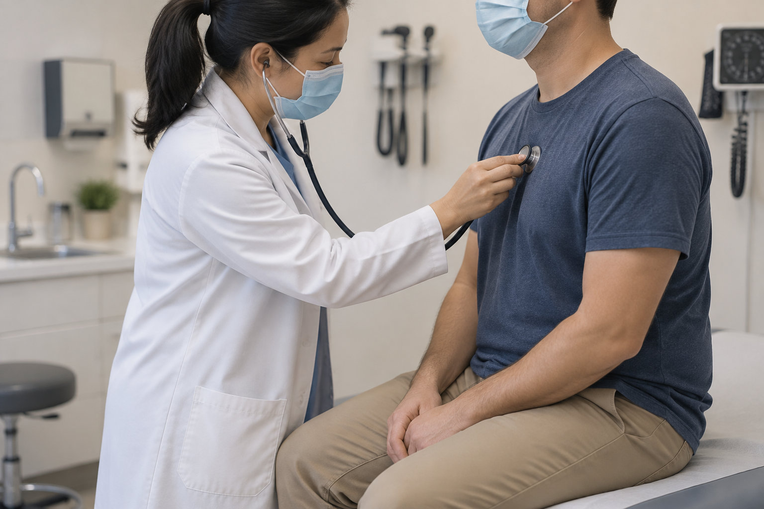 Une médecin ausculte la poitrine d’un patient assis à l’aide d’un stéthoscope dans un cabinet médical.