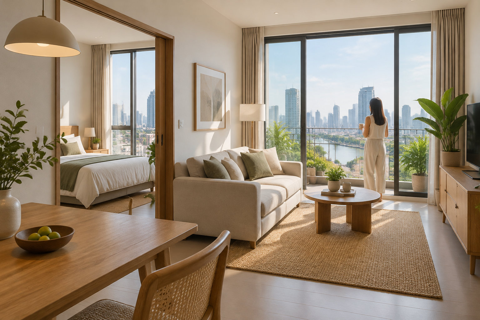 Une femme se tient devant les grandes baies vitrées d’un appartement lumineux, aménagé avec un salon, une chambre, des plantes et du mobilier en bois.