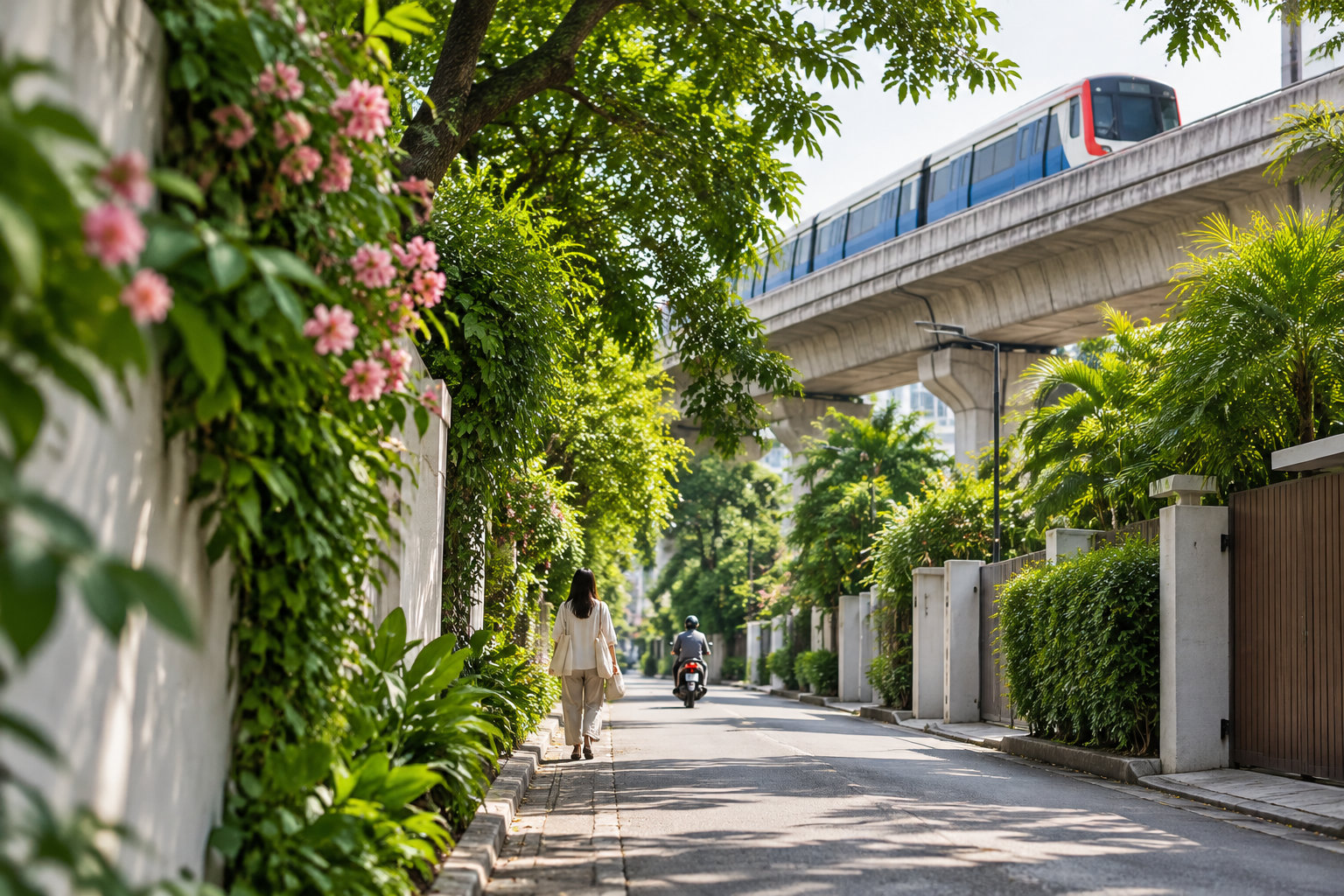 Une femme marche dans une rue bordée de végétation tandis qu’un scooter circule et qu’un train passe sur une voie surélevée.
