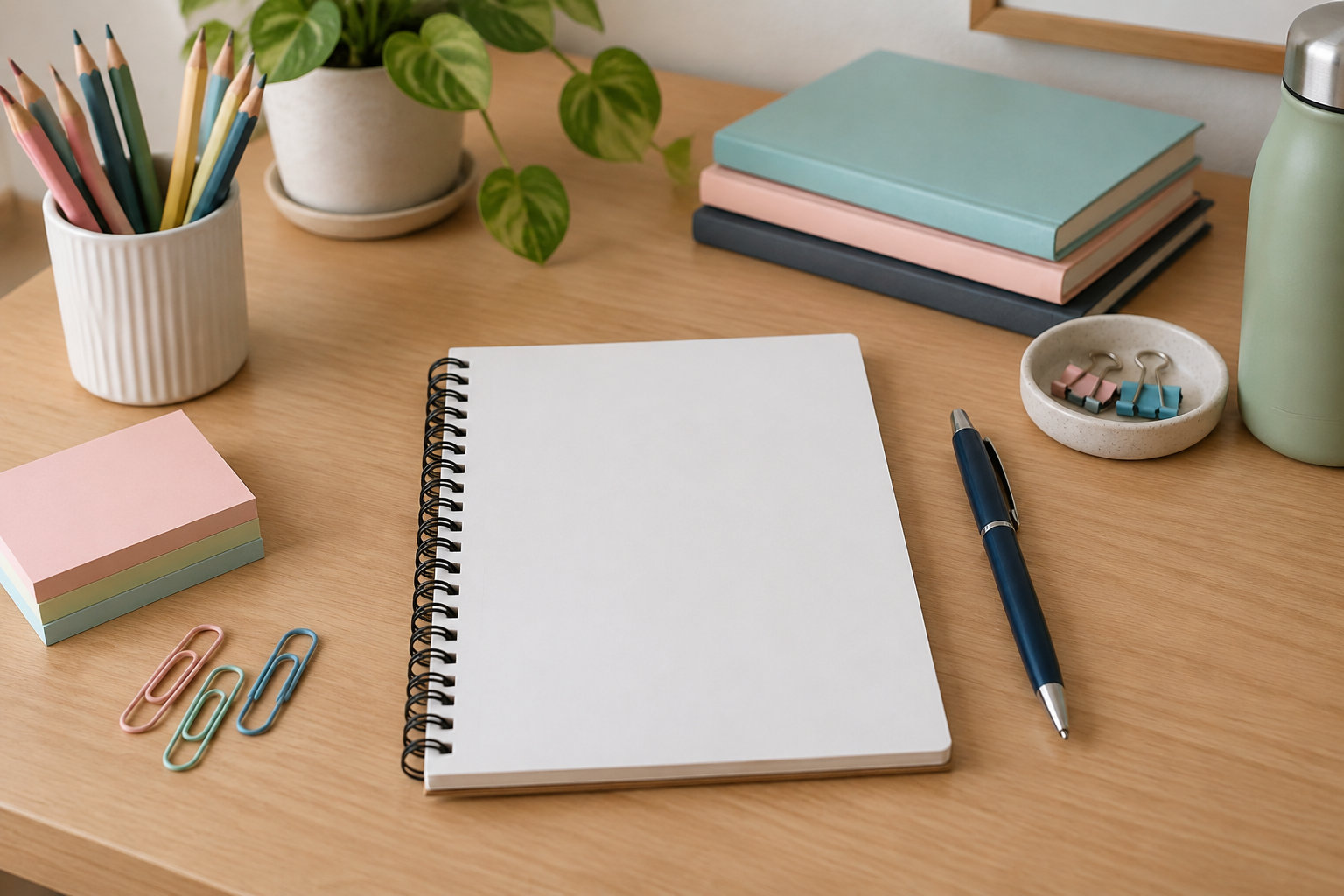 Un carnet à spirale vierge et un stylo sont posés sur un bureau en bois entourés de fournitures colorées et d’une plante.