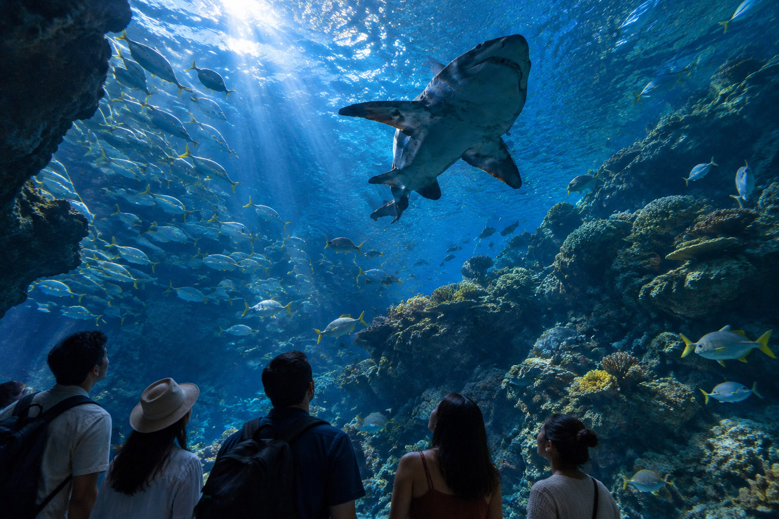 Des visiteurs observent un requin et des bancs de poissons dans un grand aquarium.