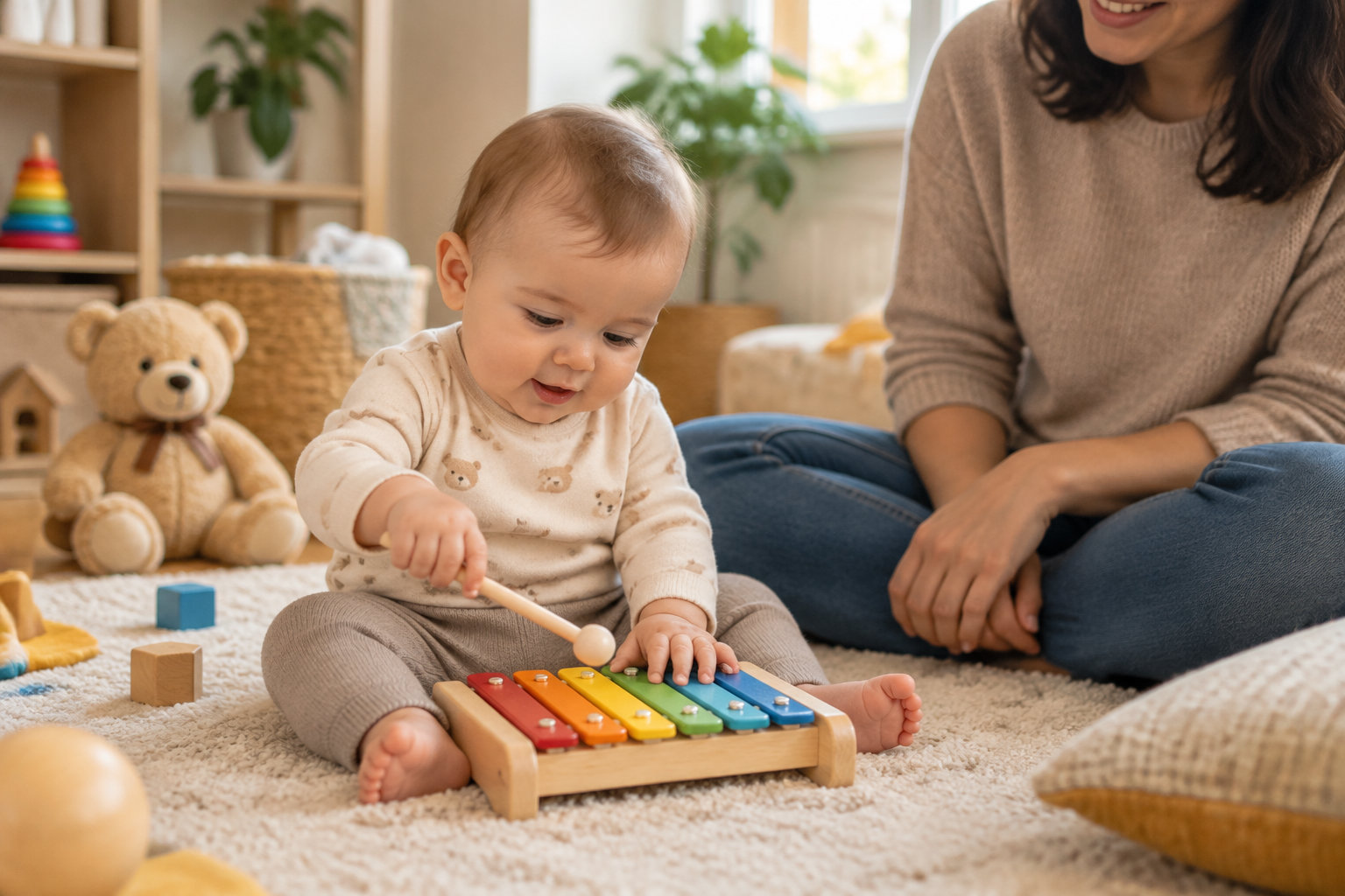 Un bébé assis sur un tapis frappe un xylophone coloré avec une mailloche, tandis qu’une adulte est assise à côté de lui dans une salle de jeux.