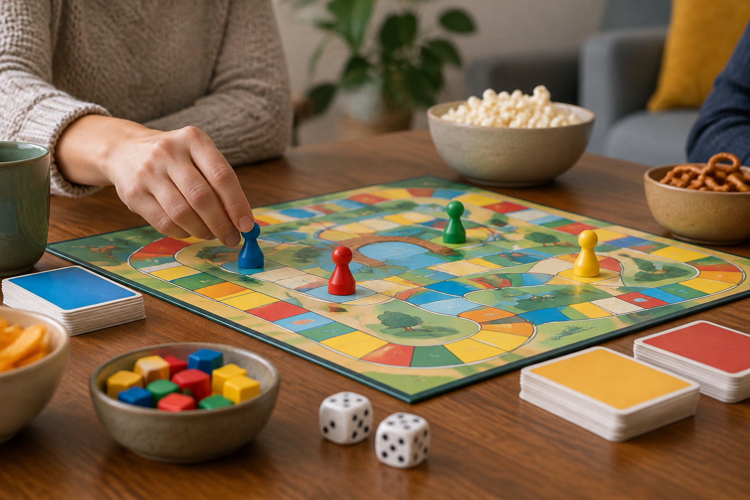 Une personne déplace un pion bleu sur un jeu de société entouré de pions colorés, de dés, de cartes et de bols de collations.