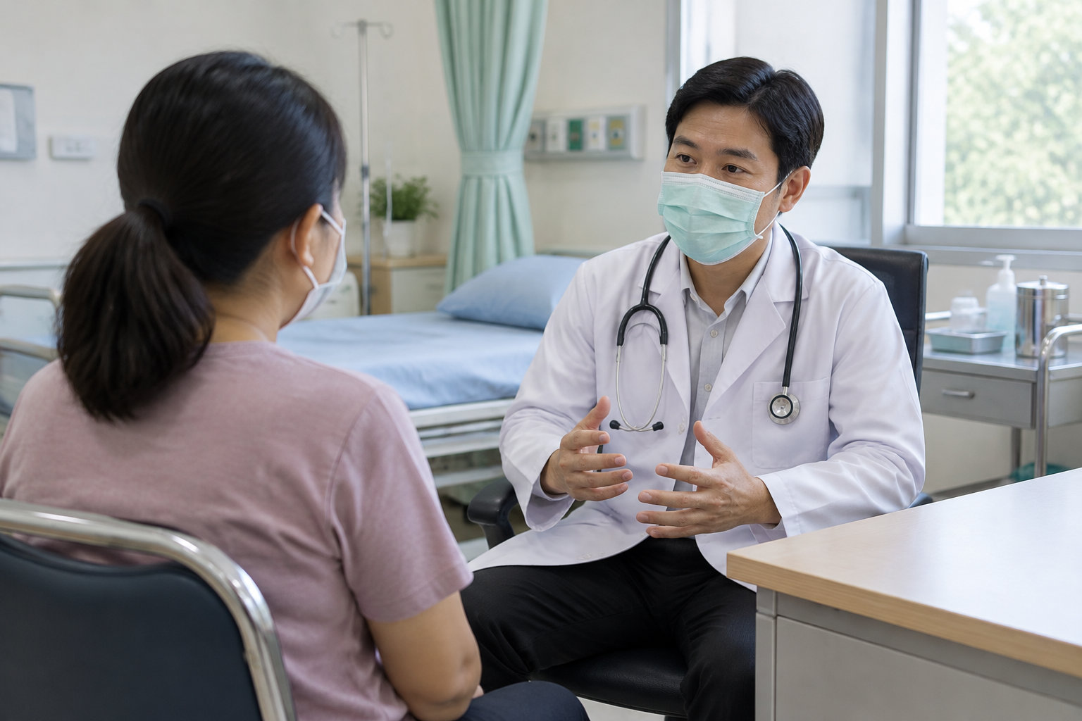Un médecin masqué, en blouse blanche et stéthoscope, échange avec une patiente masquée dans une chambre d’hôpital.