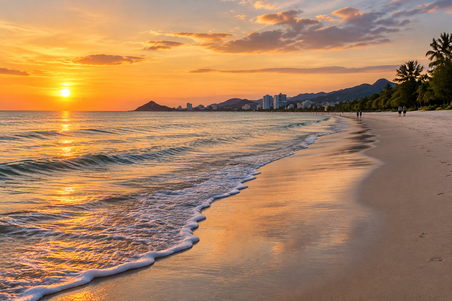 Une plage bordée de palmiers et de montagnes s’étend au coucher du soleil, tandis que quelques personnes marchent près du rivage.
