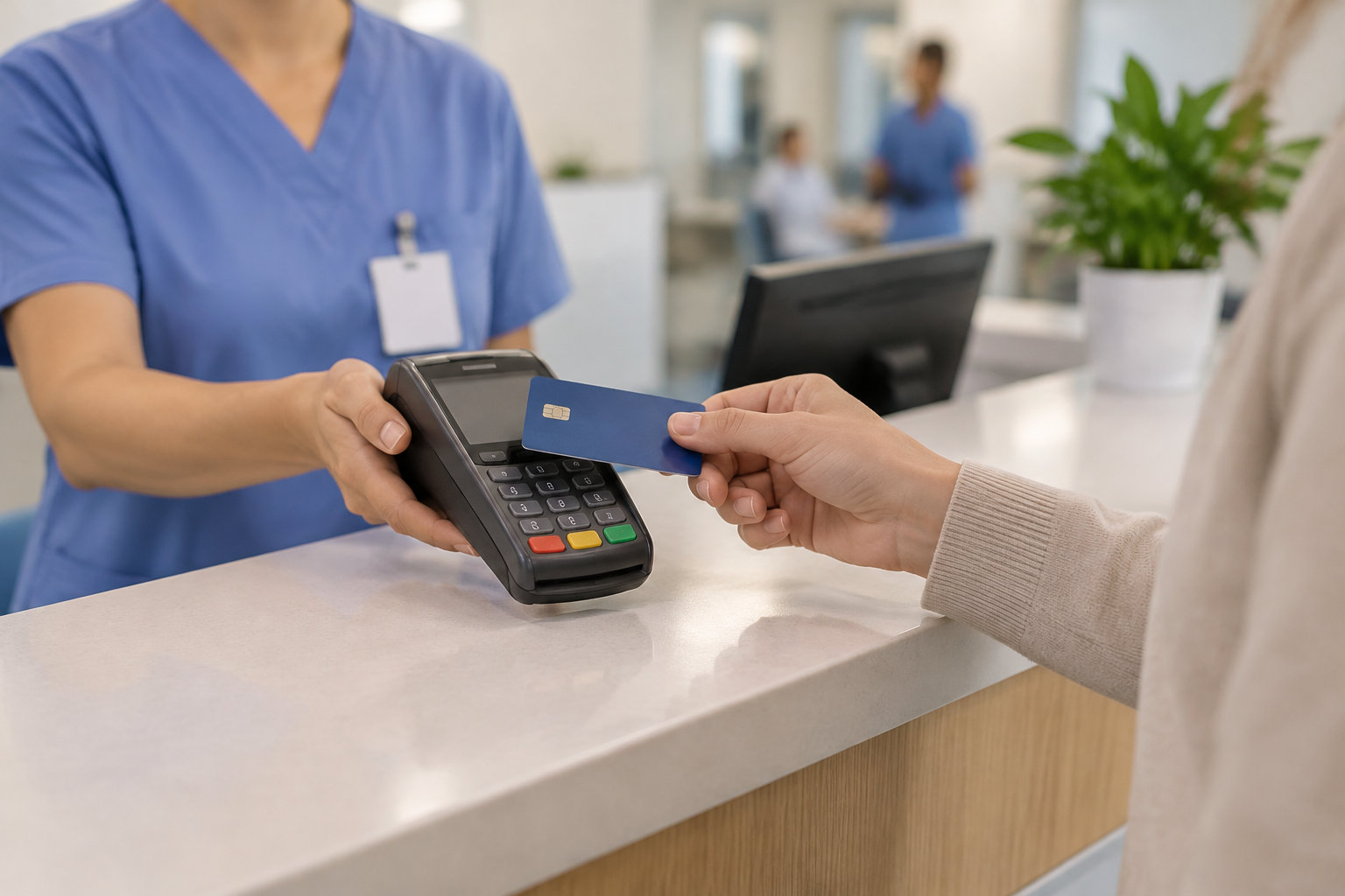 Une personne tend une carte bancaire à une soignante en blouse bleue, qui tient un terminal de paiement derrière un comptoir d’accueil.