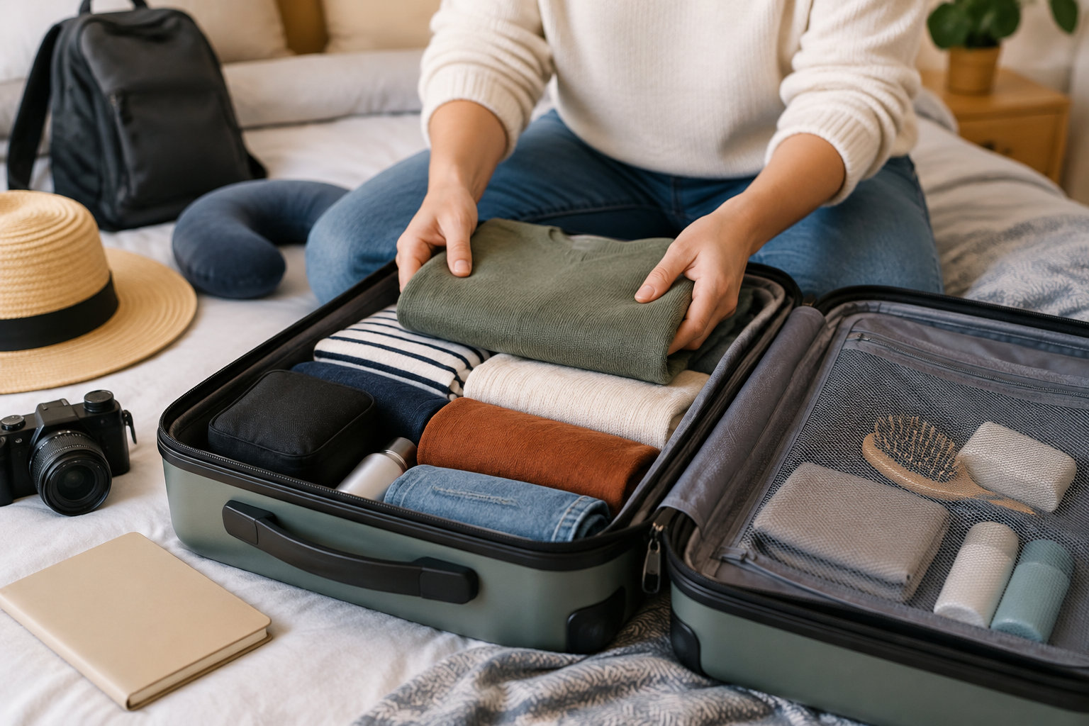Une personne assise sur un lit range un vêtement plié dans une valise ouverte remplie de vêtements et d’accessoires, avec un appareil photo, un chapeau, un sac à dos et un carnet à proximité.